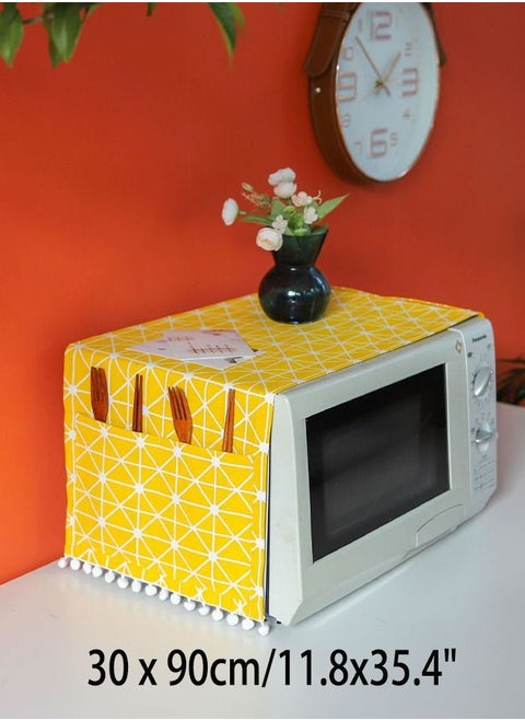Microwave Oven Cover, Dustproof Protector Decorative Kitchen Appliance Cover, with Side 4 Storage Organizer Bags 11.8x35.4", Oil Proof Cloth Cotton Linen Kitchen Toaster Protector Yellow