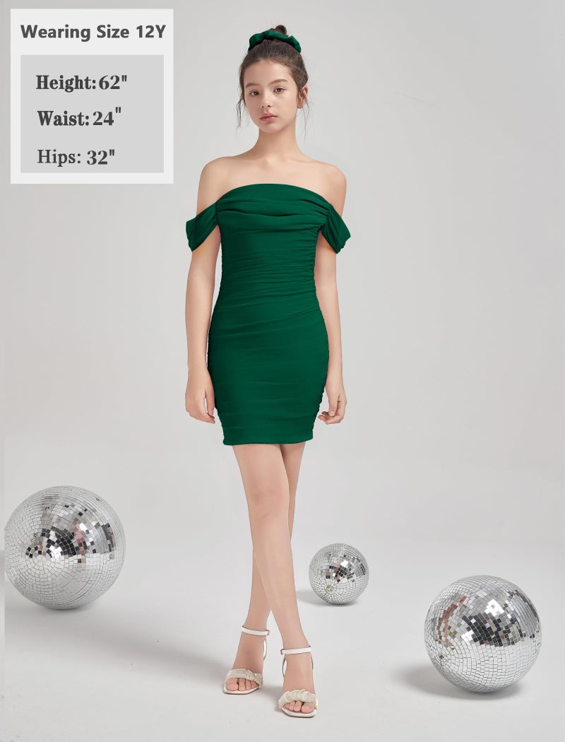 EXARUS Girls Bodycon Dresses Draped Off The Shoulder Mini Tight Ruched Sleeveless Dress Pencil Formal Party Dance Special Occasion Holiday Dance Birthday Green 12Y - Image 5