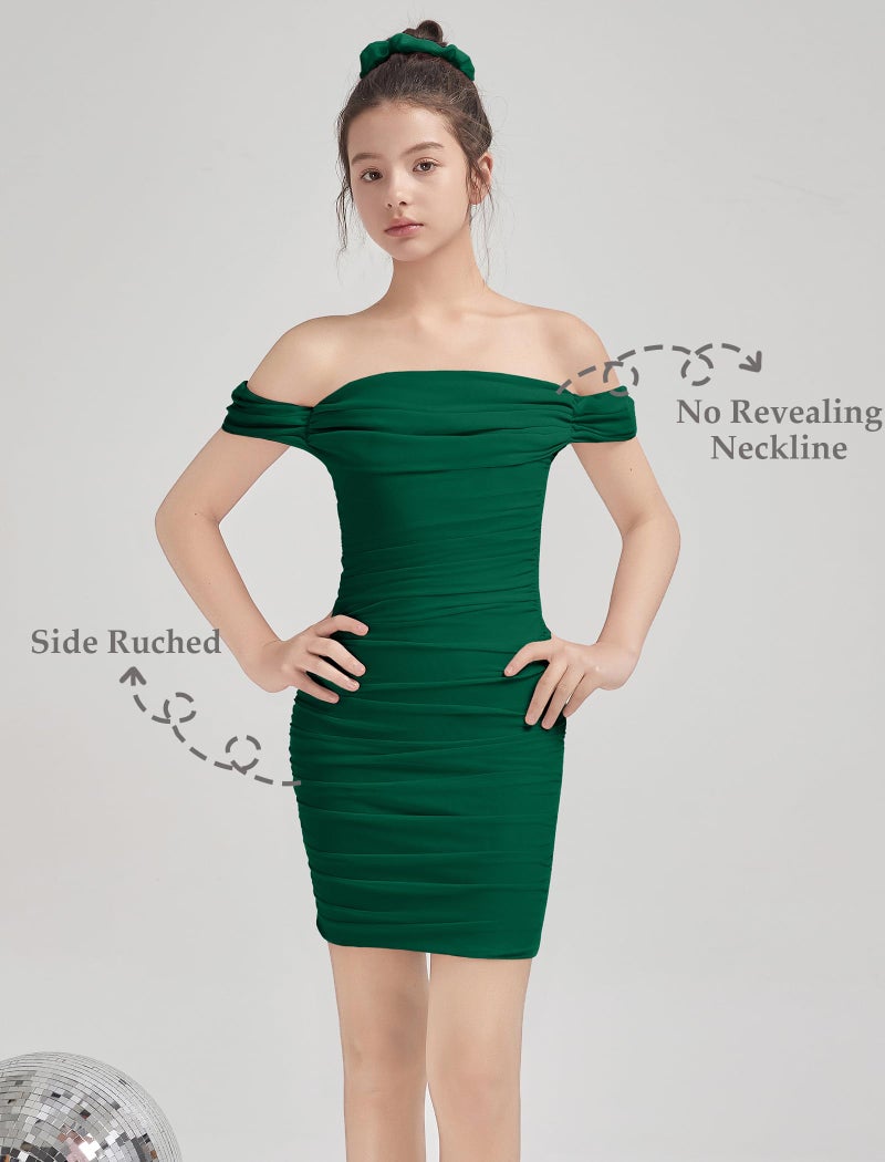 EXARUS Girls Bodycon Dresses Draped Off The Shoulder Mini Tight Ruched Sleeveless Dress Pencil Formal Party Dance Special Occasion Holiday Dance Birthday Green 12Y - Image 4