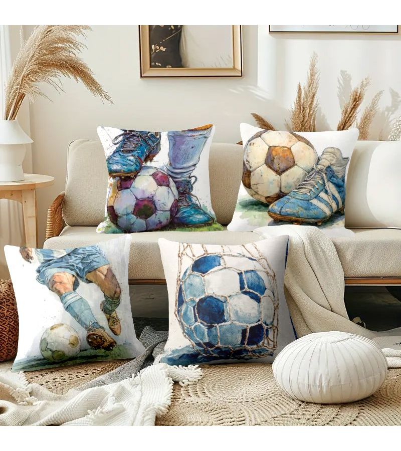 4pcs Themed Decorative Football Art Pillow Cover 18x18 Inch Watercolor Football Element Cushion Cover Zipper Closure Machine Washable Suitable for Living Room and Bedroom Decoration Modern Simple Durable Fabric Cover - Image 5