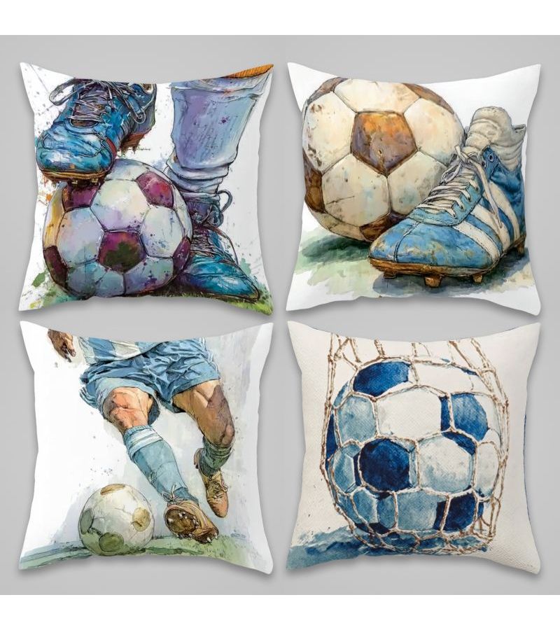 4pcs Themed Decorative Football Art Pillow Cover 18x18 Inch Watercolor Football Element Cushion Cover Zipper Closure Machine Washable Suitable for Living Room and Bedroom Decoration Modern Simple Durable Fabric Cover - Image 1