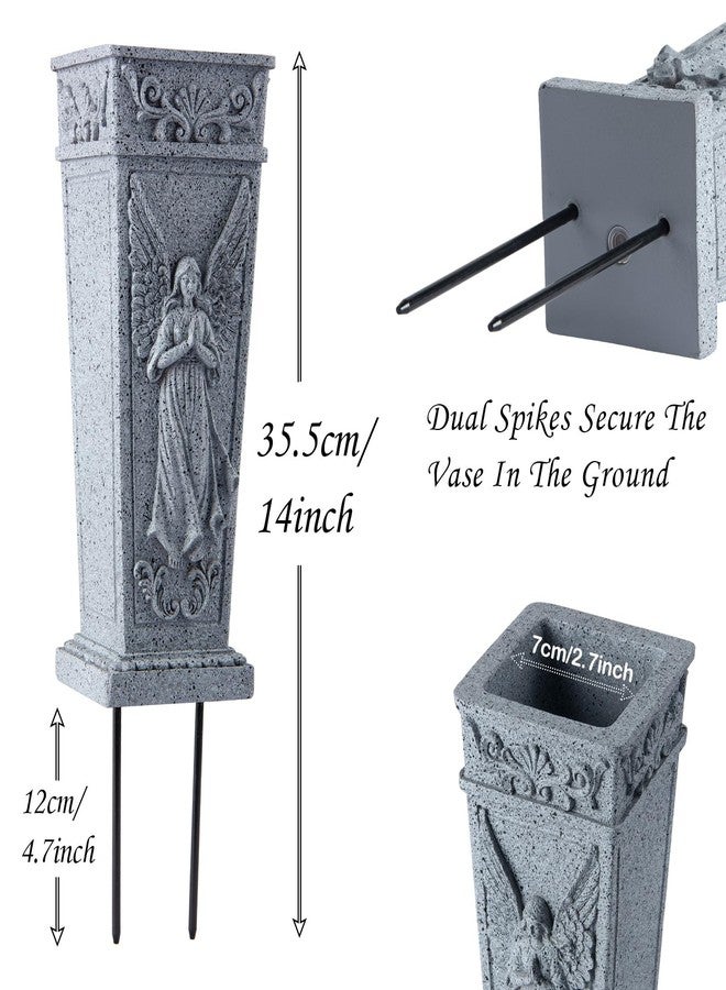 زونور مزهرية زهور للمقابر مع قاعدة، مزهرية تذكارية للقبور، حامل زهور من الراتنج لشاهد القبر، القبر، المقبرة، الحديقة، العشب، ديكورات الفناء (قطعة واحدة، رمادي) - Image 2