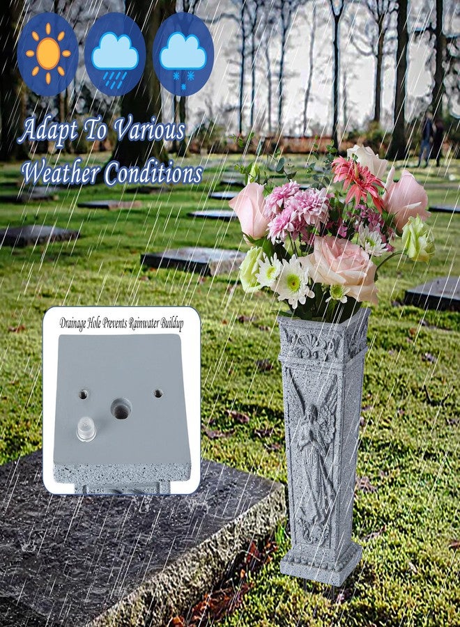 زونور مزهرية زهور للمقابر مع قاعدة، مزهرية تذكارية للقبور، حامل زهور من الراتنج لشاهد القبر، القبر، المقبرة، الحديقة، العشب، ديكورات الفناء (قطعة واحدة، رمادي) - Image 4