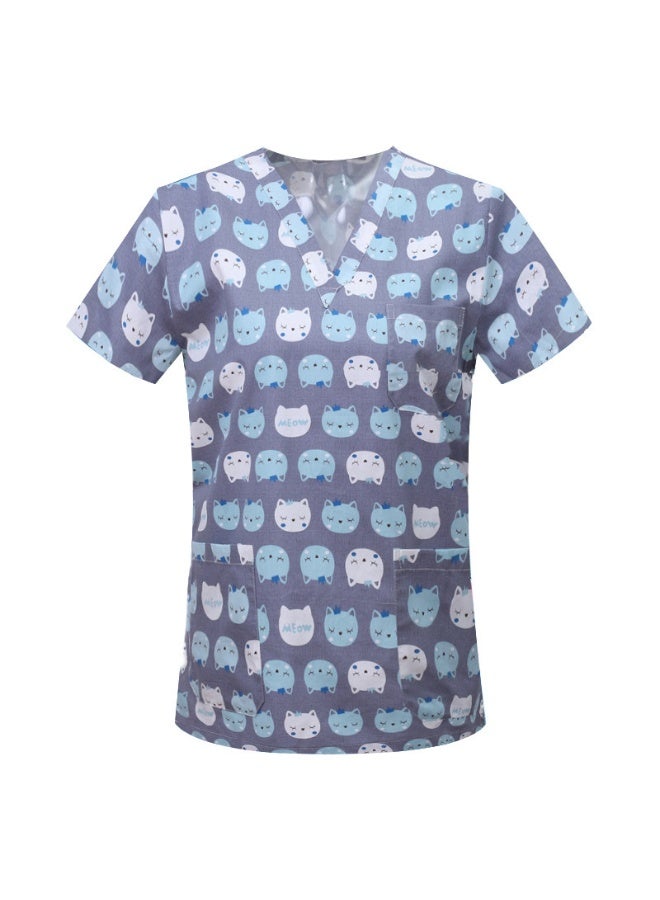 Loquat Womens Medical Scrubs Single Top Medical Uniform Single Printed Top Meow Print on Gray Background - Image 1