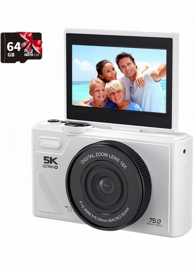 Milatech Digital Camera, 5K Vlogging Camera, Kids Camera 75MP Point and Shoot Digital Cameras with 64GB TF Card, 18X Zoom, For Kids Boys Girls (White) - Image 1