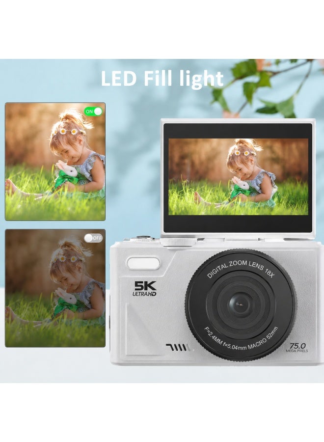 Milatech Digital Camera, 5K Vlogging Camera, Kids Camera 75MP Point and Shoot Digital Cameras with 64GB TF Card, 18X Zoom, For Kids Boys Girls (White) - Image 4