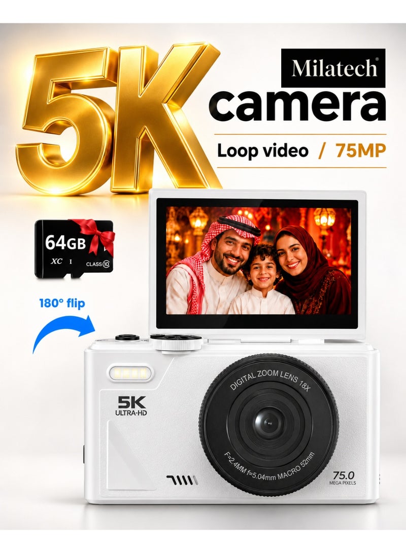 Milatech Original 5K 75MP Digital Vlogging Camera | Not a Replica | TikTok Viral Trending in Saudi Arabia | 64GB TF Card,18X Zoom - Image 1