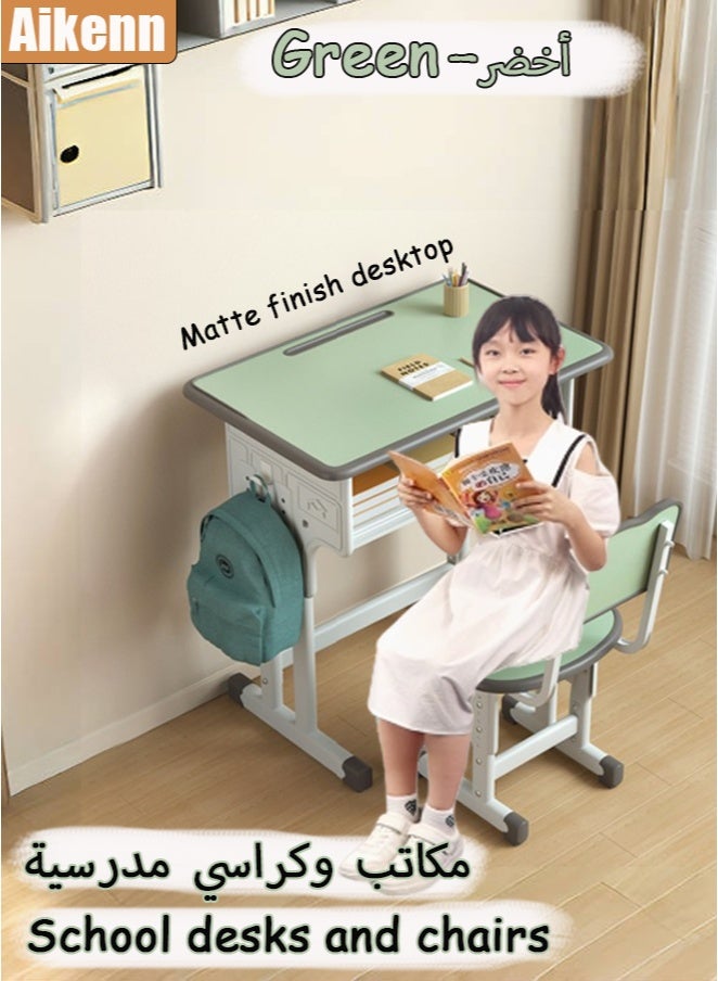 Aikenn Home Adjustable Height Kids Study Desk and Chair Set School Desks and Chairs with Pen Tray and Backpack Hook Multifunctional School Student Writing Desk Study Table with Storage The adjustable Thickened Steel Frosted Tabletop Rugged is Suitable for Children and Teenagers aged 3-18 Gifts for Boys and Girls Green - Image 1