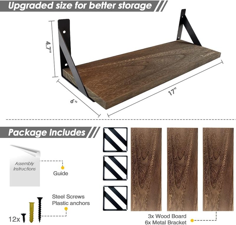 Forbena Rustic Floating Shelves Wall Mounted Set of 3, 17 Inch Natural Wood Wall Shelves, Decor Storage Shelf for Bedroom Bathroom Living Room Office Pictures Plants Books Cats TV (Rustic Brown) - Image 3