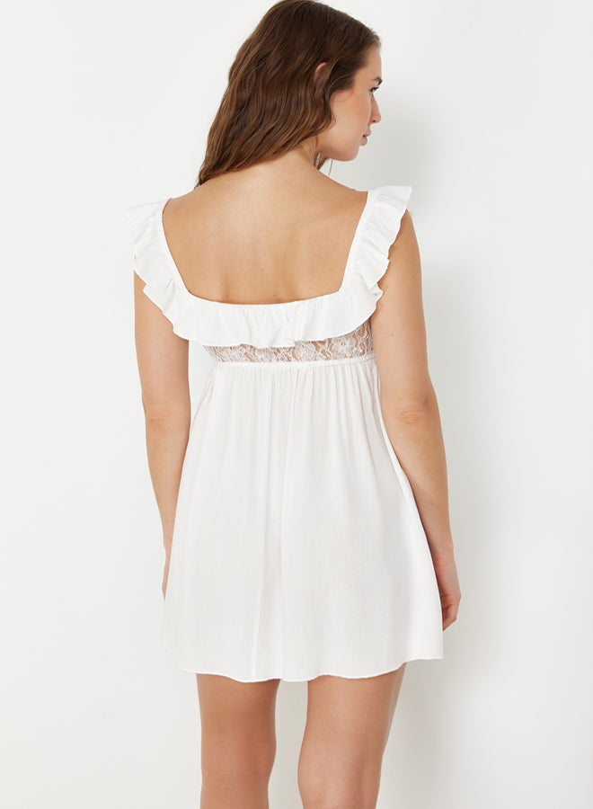trendyol Bride/Bridal White Lace Ruffle Detail Thick Strap Viscose Woven Nightgown - Image 5
