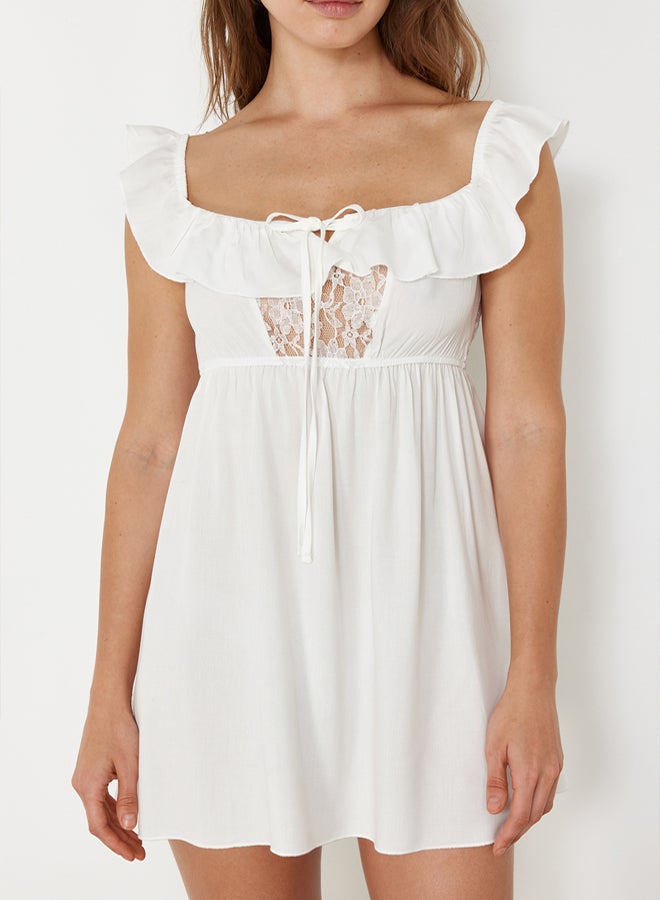 trendyol Bride/Bridal White Lace Ruffle Detail Thick Strap Viscose Woven Nightgown - Image 4