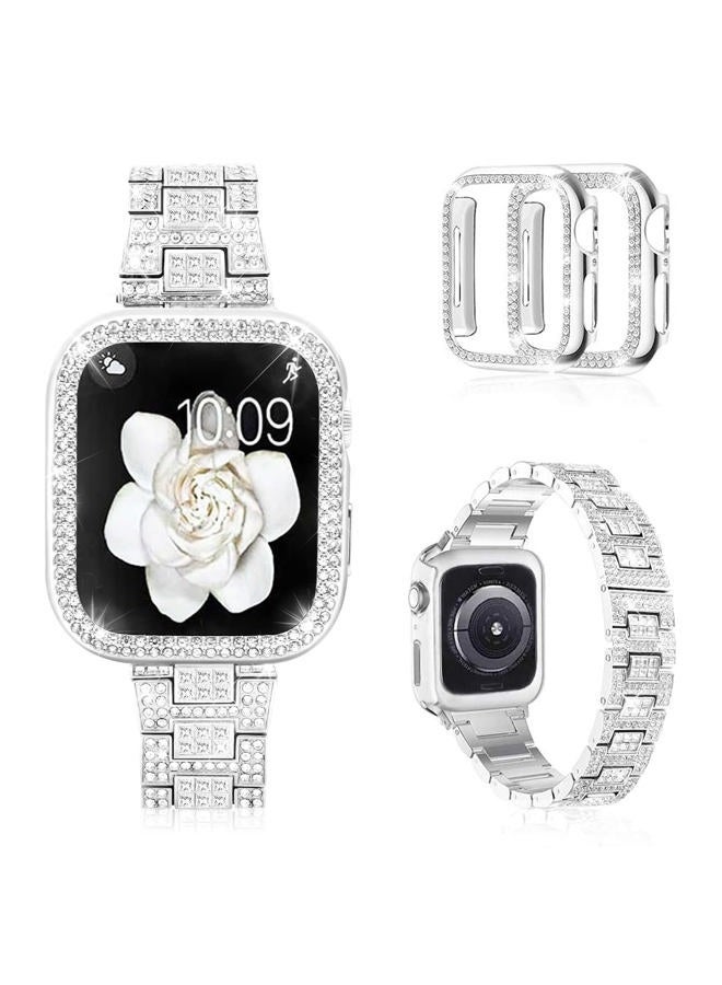 Mosonio Compatible with Apple Watch Band Series 8/7 41mm with Case Women, Bling Metal Wristband Strap with 2 Pack Bling PC Protective Cover for iWatch 41mm Series 8/7(41mm, Silver) - Image 1