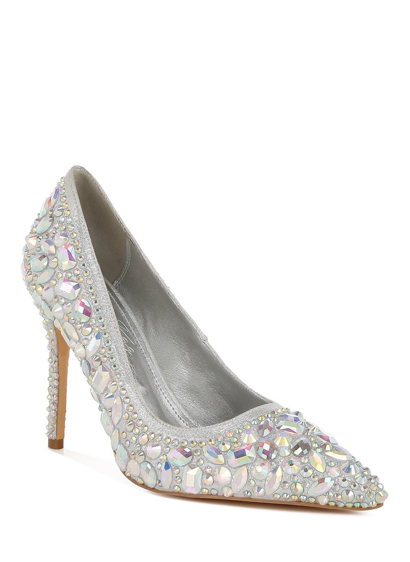 London Rag Diamante & Rhinestone Embellishments Pumps in Silver  - Image 2