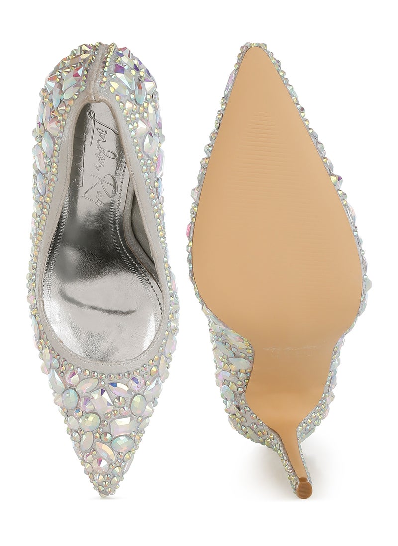 London Rag Diamante & Rhinestone Embellishments Pumps in Silver  - Image 4