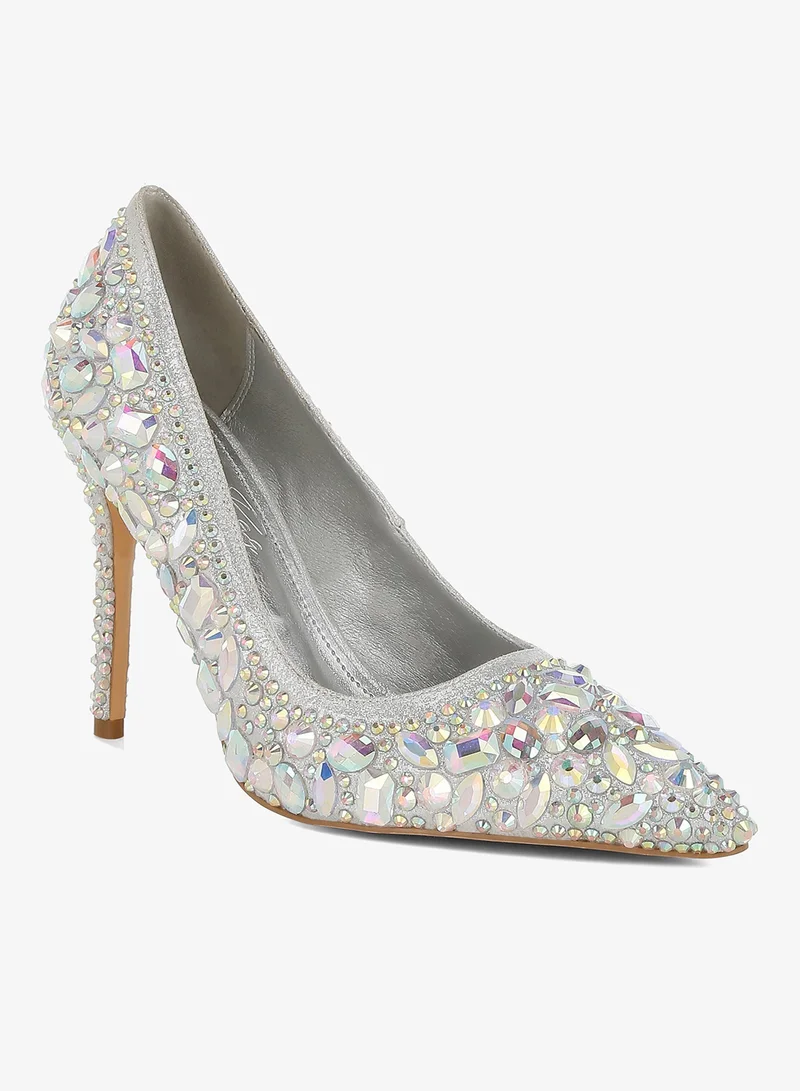 لندن راج حذاء بكعب عالٍ مزين بالماس وأحجار الراين باللون الفضي
