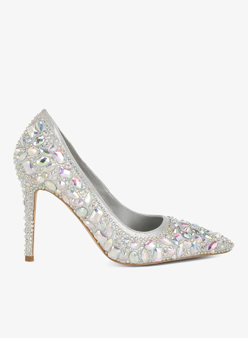 لندن راج حذاء بكعب عالٍ مزين بالماس وأحجار الراين باللون الفضي