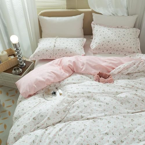 mixinni Cotton Floral Duvet Cover Twin Girl Pink Flower Teenage Girls Duvet Cover Set with Zipper Ties Easy Care Ultra Soft and BreathableTwin Size