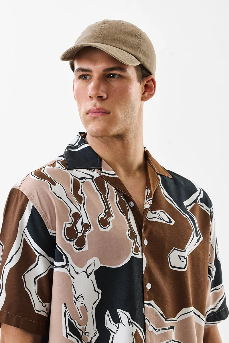 سنيتش Brown Graphic Half Sleeve Boxy Shirt