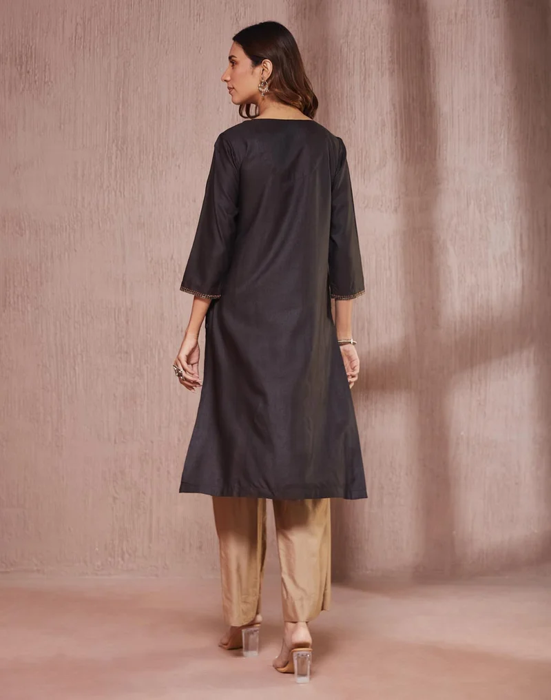 Fabindia Viscose Silk Embroidered Long Kurta