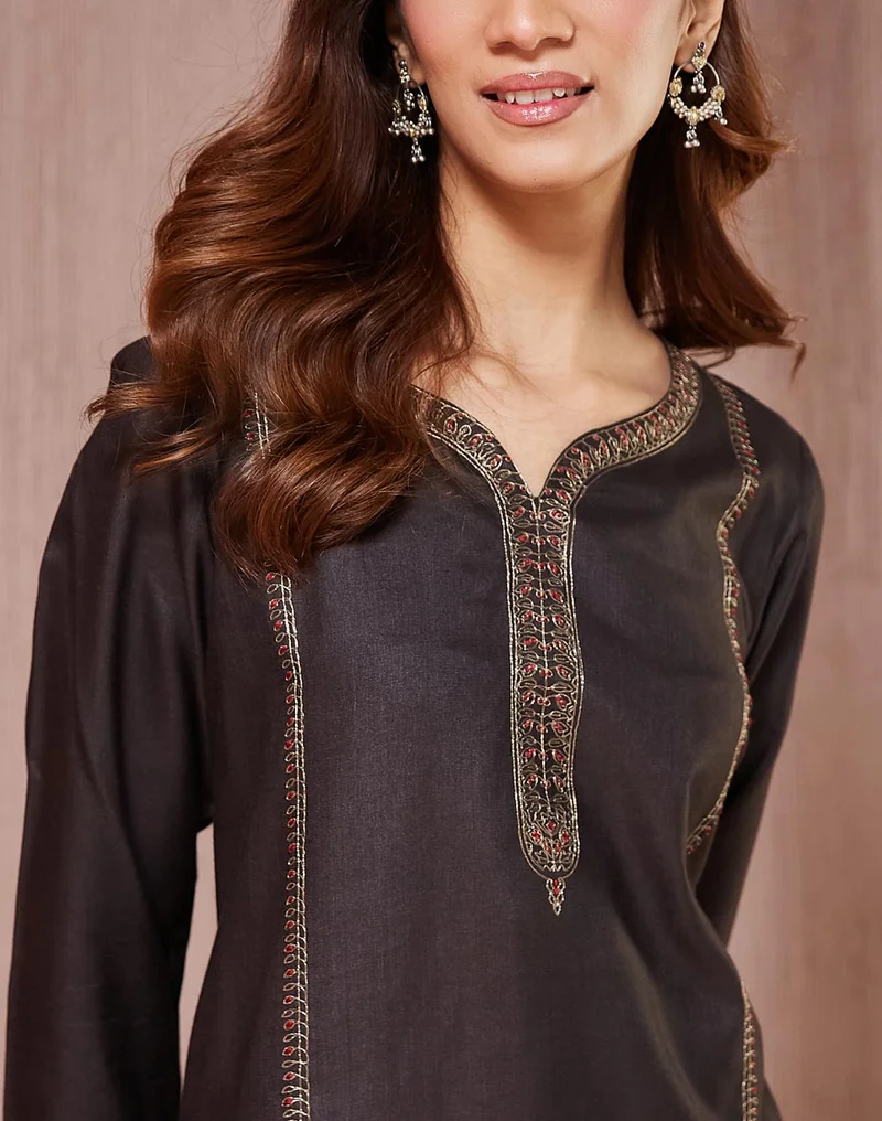 Fabindia Viscose Silk Embroidered Long Kurta