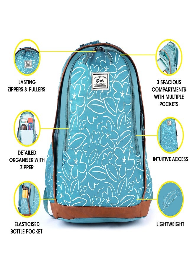 Gear Triumph Floral 32 L Water Resistant 4 Compartment Backpack with Rain Cover/School Bag/College Bag/Daypack/Casual Backack for Girls/Women (Blue-Tan) - Image 2