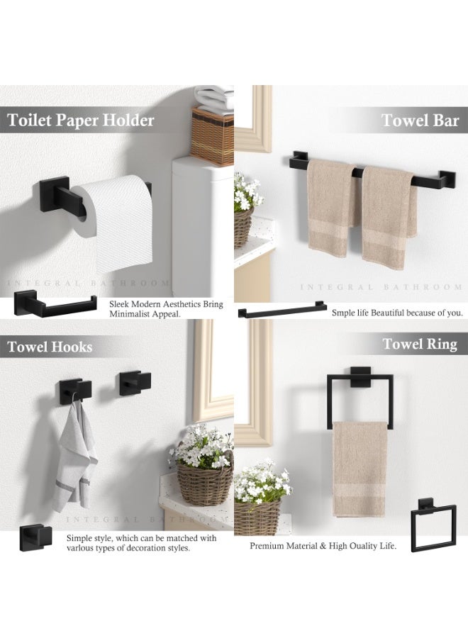 YQbest Bathroom Hardware Set of 5, Matte Black Toilet Paper Towel Holder, Stainless Steel Bathroom Accessories, Two Bath Towel Bar Hook Racks & Square Ring for Shower Room, Wall Mounted - Image 3