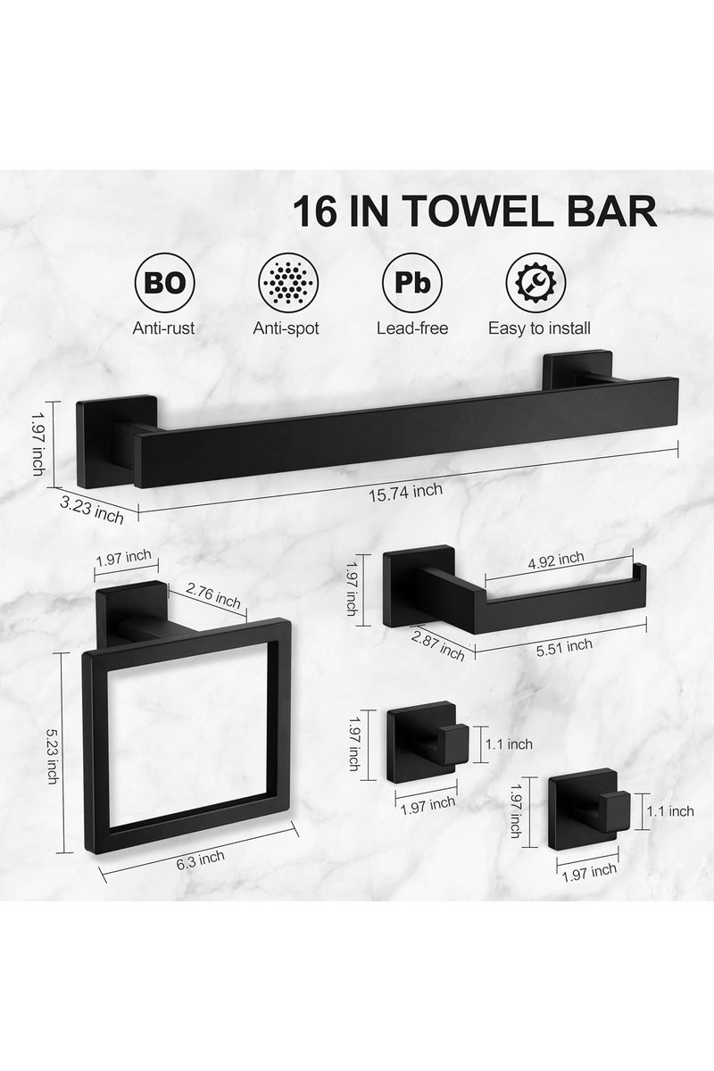 YQbest Bathroom Hardware Set of 5, Matte Black Toilet Paper Towel Holder, Stainless Steel Bathroom Accessories, Two Bath Towel Bar Hook Racks & Square Ring for Shower Room, Wall Mounted - Image 4