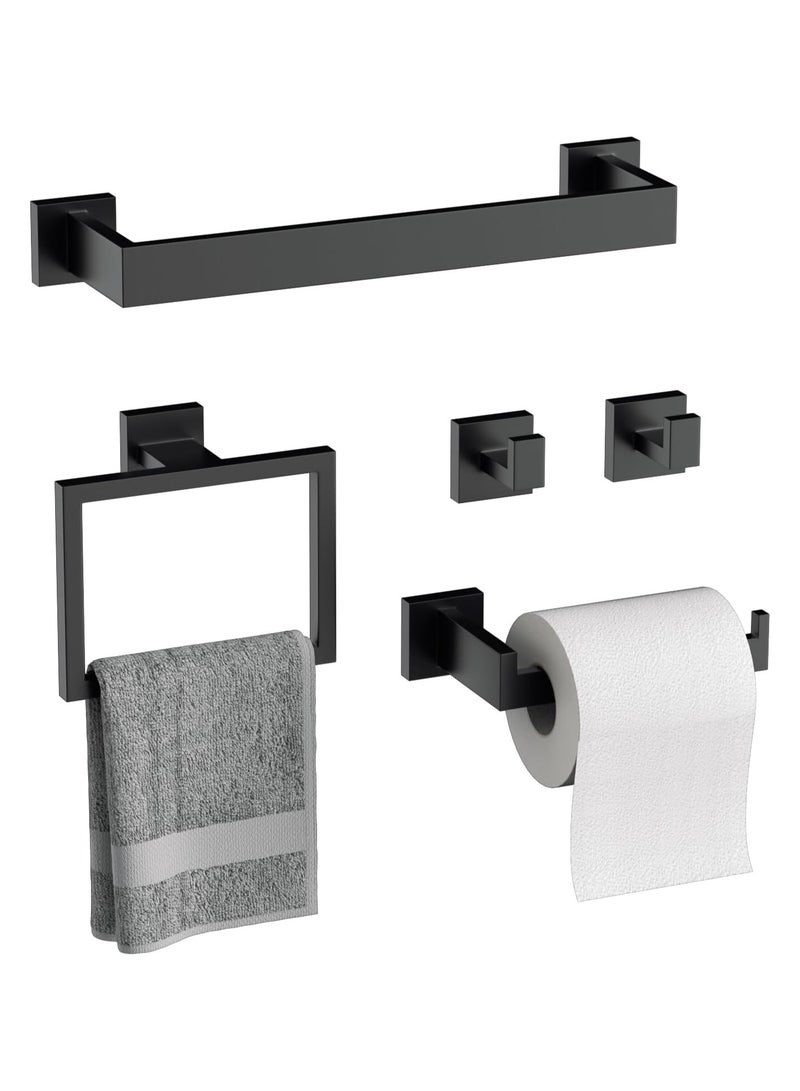 YQbest Bathroom Hardware Set of 5, Matte Black Toilet Paper Towel Holder, Stainless Steel Bathroom Accessories, Two Bath Towel Bar Hook Racks & Square Ring for Shower Room, Wall Mounted - Image 1