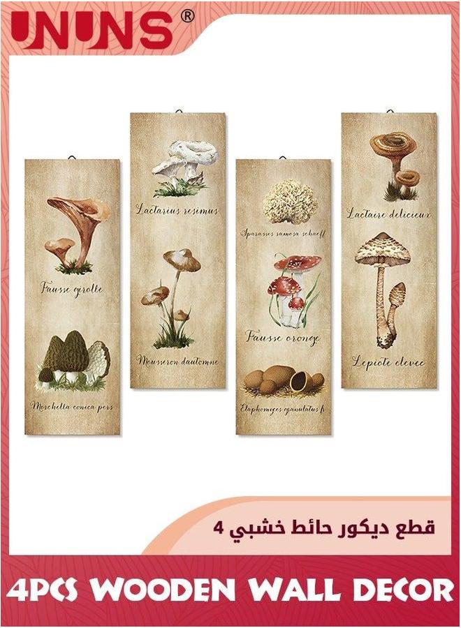 يو إن يو إن أس 4 Pack Mushroom Wall Decor,Vintage Art Sign,Rustic Wooden Kitchen Decor Poster Hanging Fungus Aesthetic for Bedroom Dining Room Living Office,29cmx10cm - Image 1