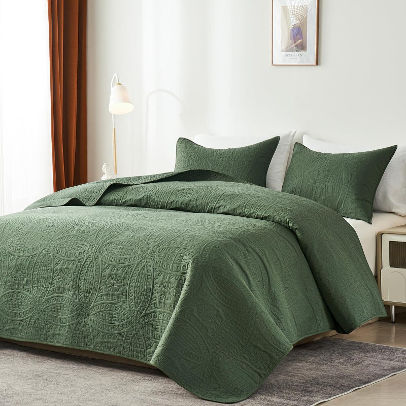 akkialla akkialla Queen Quilt Bedding Set Olive Green Ultrasonic Full/Queen Quilt Set Lightweight Soft Bedspread Coverlet Modern Style Coin Pattern Bed Cover for All Seasons 3 Piece(1 Quilt 2 Pillow Shams)  - Image 2