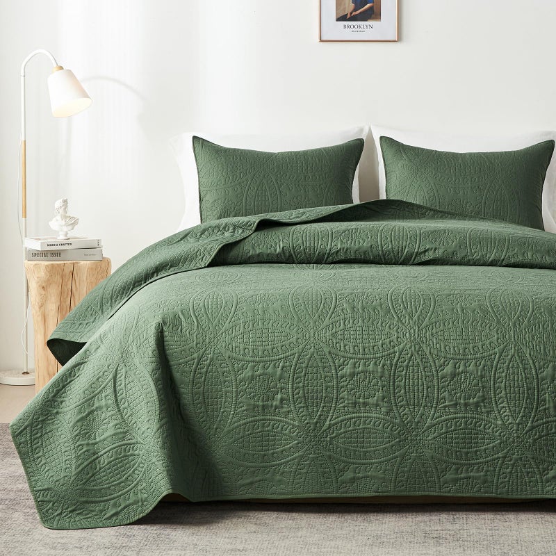 akkialla akkialla Queen Quilt Bedding Set Olive Green Ultrasonic Full/Queen Quilt Set Lightweight Soft Bedspread Coverlet Modern Style Coin Pattern Bed Cover for All Seasons 3 Piece(1 Quilt 2 Pillow Shams)  - Image 1