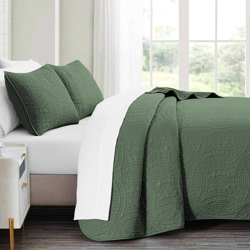 akkialla akkialla Queen Quilt Bedding Set Olive Green Ultrasonic Full/Queen Quilt Set Lightweight Soft Bedspread Coverlet Modern Style Coin Pattern Bed Cover for All Seasons 3 Piece(1 Quilt 2 Pillow Shams)  - Image 4