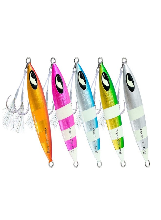 OCEAN CAT Slow Pitch Jigging Deep Sea Fast Jigs Lures Metal Lead Kingfish Tuna Fishing Baits Free Glow Hooks 60g/100g/150g/200g/250g 240lb (5 Colors Combo, 150g)