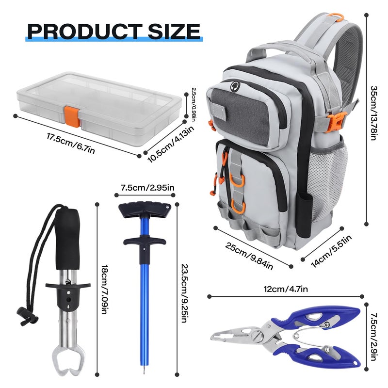 VKVXCLON Fishing Backpack with Tackle Boxes,Waterproof Fishing Shoulder Bag with Rod Holder,Fish Bag with 136 Pcs Fishing Lures Kit,Fish Hook Remover Tool,Fish Lip Gripper,Fishing Plier,Gifts for Men (Gray) - Image 5
