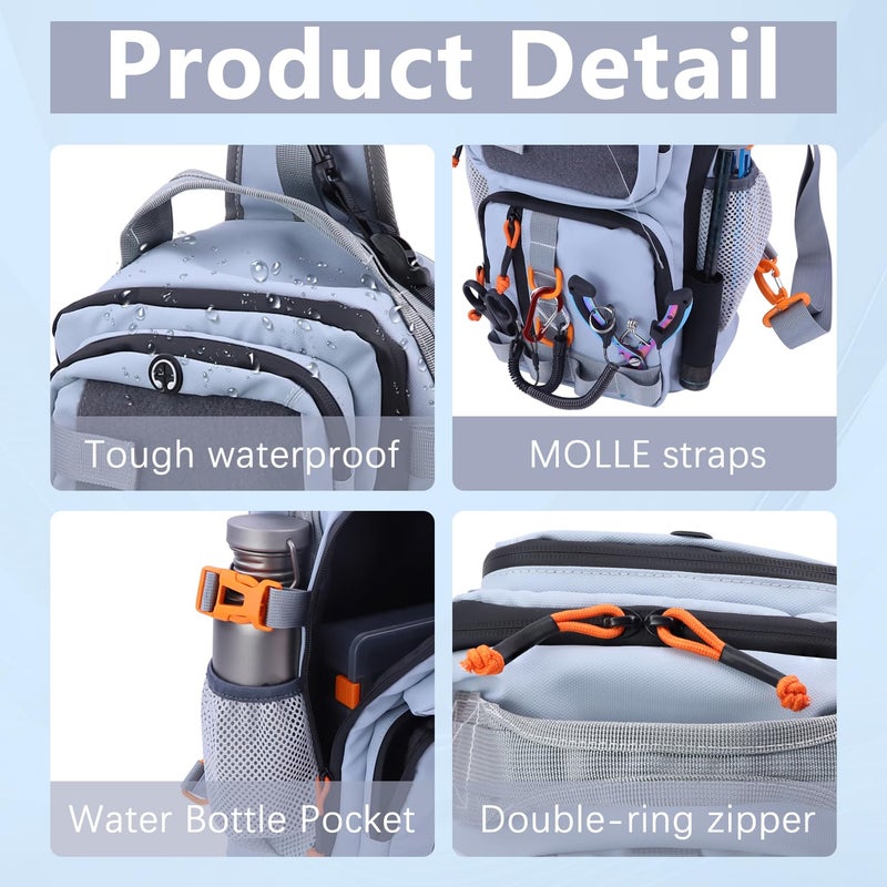 VKVXCLON Fishing Backpack with Tackle Boxes,Waterproof Fishing Shoulder Bag with Rod Holder,Fish Bag with 136 Pcs Fishing Lures Kit,Fish Hook Remover Tool,Fish Lip Gripper,Fishing Plier,Gifts for Men (Gray) - Image 3