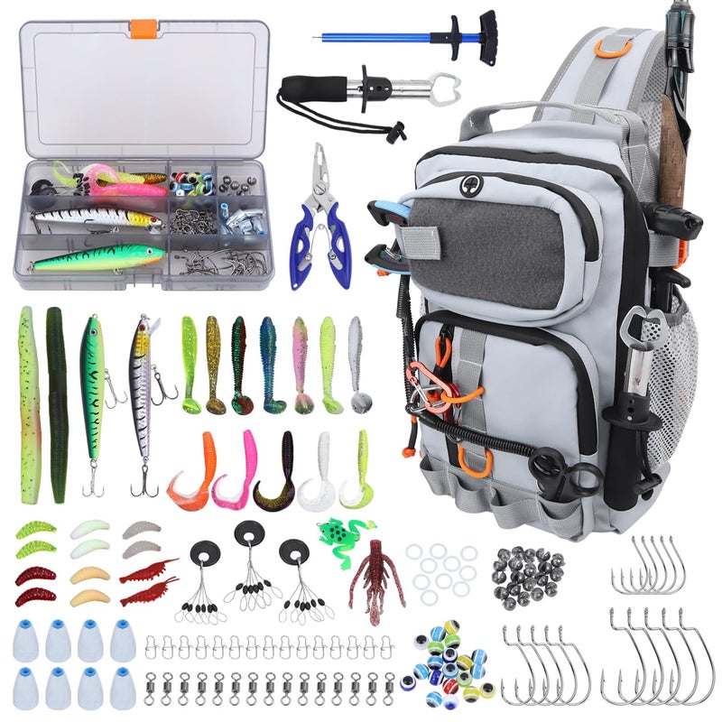 VKVXCLON Fishing Backpack with Tackle Boxes,Waterproof Fishing Shoulder Bag with Rod Holder,Fish Bag with 136 Pcs Fishing Lures Kit,Fish Hook Remover Tool,Fish Lip Gripper,Fishing Plier,Gifts for Men (Gray) - Image 1
