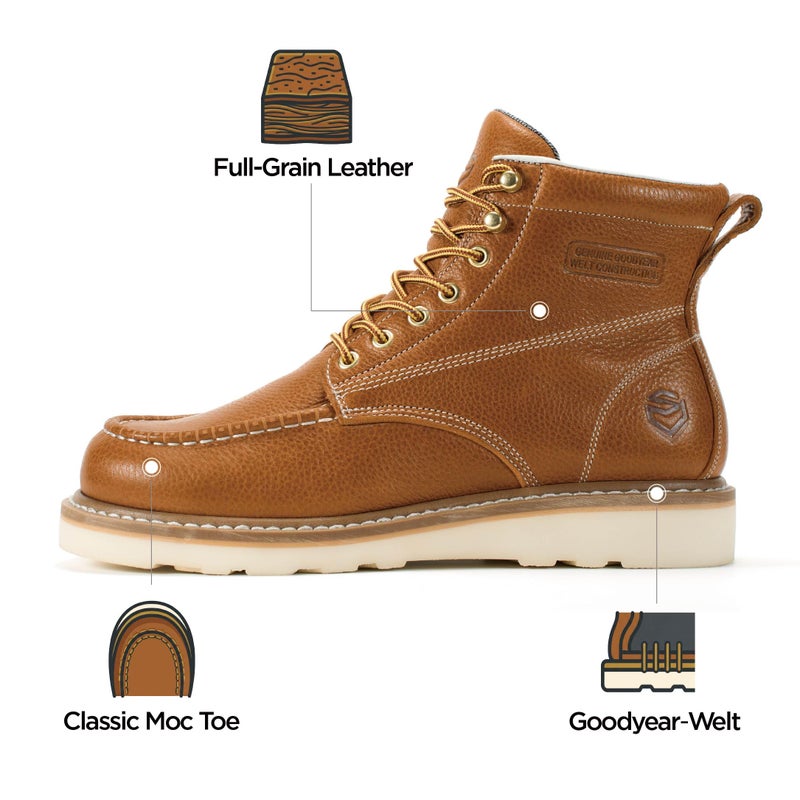 SUREWAY 6 in Mens Soft/Steel Toe Work Boots for Men-Full Grain Leather,GoodyearWelt,Non-Slip EH Safety Industial Construction Wedge Moc Toe Work Boots/Shoes,Soft Toe Light Brown,Size 10.5 - Image 3