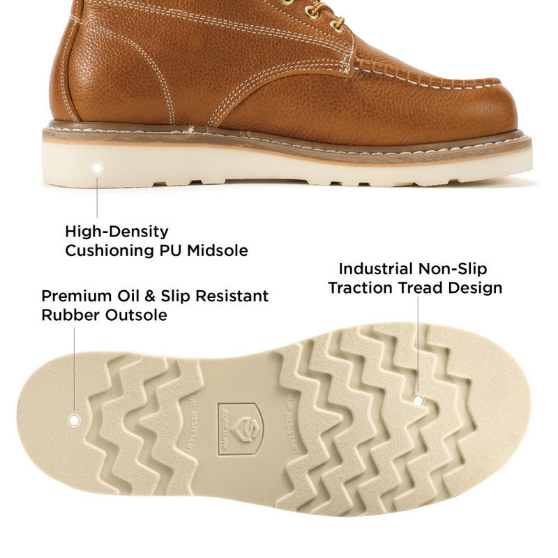 SUREWAY 6 in Mens Soft/Steel Toe Work Boots for Men-Full Grain Leather,GoodyearWelt,Non-Slip EH Safety Industial Construction Wedge Moc Toe Work Boots/Shoes,Soft Toe Light Brown,Size 10.5 - Image 4