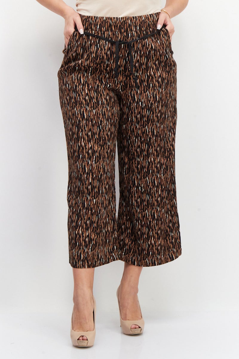 Zero Women Abstract Belted Palazzo Pants, Brown - Image 1