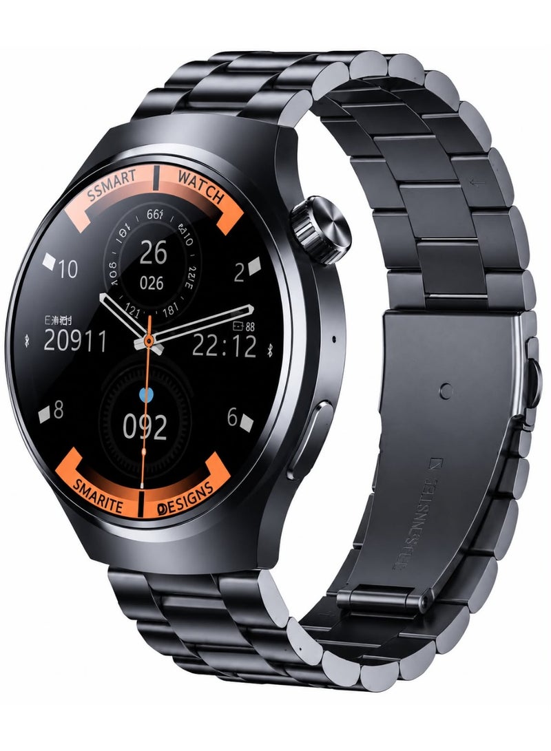 ساعة BrandCode Germany Rock 32 الذكية بشاشة AMOLED مقاس 1.53 بوصة، وميزة الاتصال عبر البلوتوث، ومراقبة معدل ضربات القلب، ومقاومة للماء بمعيار IP68، وسوار معدني أسود. - Image 1