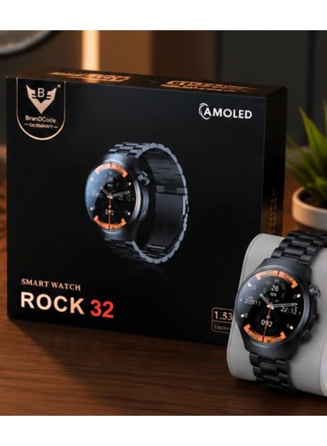 ساعة BrandCode Germany Rock 32 الذكية بشاشة AMOLED مقاس 1.53 بوصة، وميزة الاتصال عبر البلوتوث، ومراقبة معدل ضربات القلب، ومقاومة للماء بمعيار IP68، وسوار معدني أسود. - Image 5