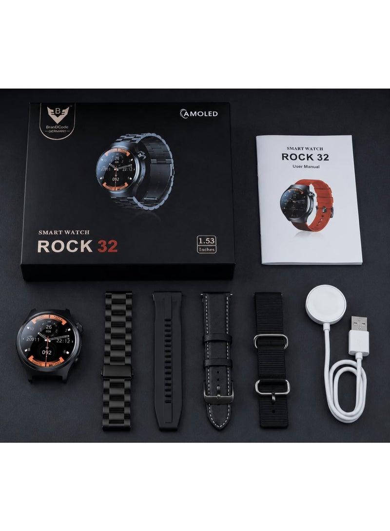 ساعة BrandCode Germany Rock 32 الذكية بشاشة AMOLED مقاس 1.53 بوصة، وميزة الاتصال عبر البلوتوث، ومراقبة معدل ضربات القلب، ومقاومة للماء بمعيار IP68، وسوار معدني أسود. - Image 2