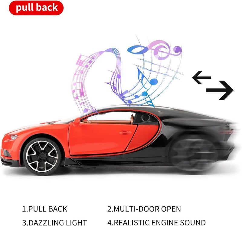 FEXXA 🏎️ Scale Exclusive Alloy Metal Pull Back Die-cast Car Model with Sound Light Mini Auto Toy for Kids Metal Model Toy Car with Sound and Light (1.32 Scale Bugatti CHIRON -RED) - Image 3