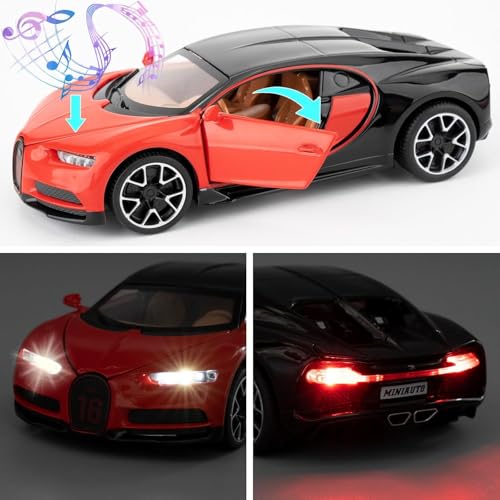 FEXXA 🏎️ Scale Exclusive Alloy Metal Pull Back Die-cast Car Model with Sound Light Mini Auto Toy for Kids Metal Model Toy Car with Sound and Light (1.32 Scale Bugatti CHIRON -RED) - Image 4