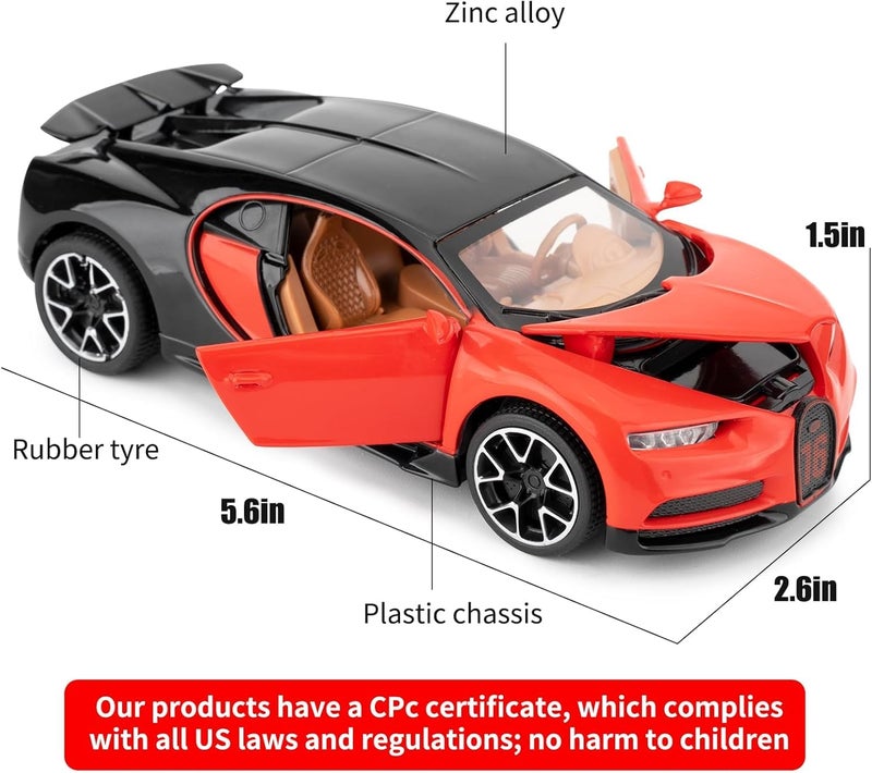 FEXXA 🏎️ Scale Exclusive Alloy Metal Pull Back Die-cast Car Model with Sound Light Mini Auto Toy for Kids Metal Model Toy Car with Sound and Light (1.32 Scale Bugatti CHIRON -RED) - Image 2