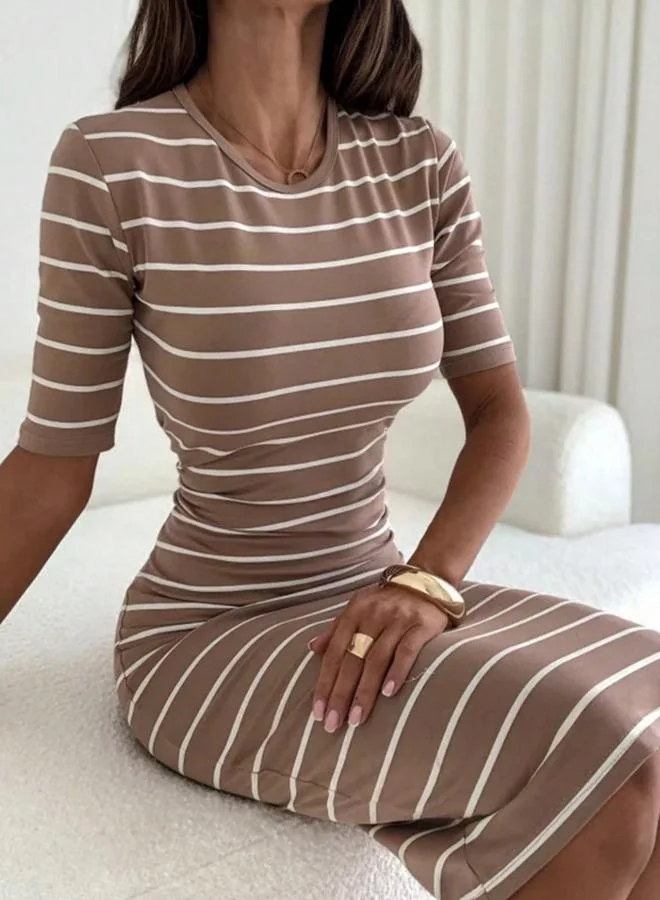 Striped T-Shirt Midi Dress with Short Sleeve and Round Neck