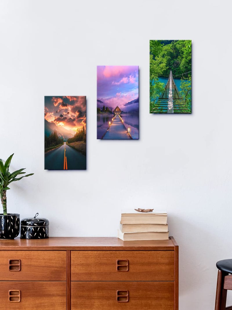 999STORE Beautiful View Of The Road Leading home room dcor framed stylish modern wall frames living hanging decorative items Set of 3 Panels Paper Print 24X15 Inches MDF3Frames047