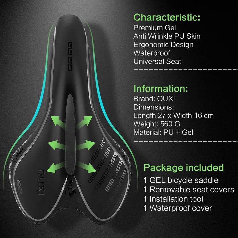 OUXI Comfort Bike Seat Comfortable Gel Bicycle Saddle Replacement Soft Padded with Shock Absorbing Waterproof for MTB Mountain Bike Road Bike Exercise Bike Men Women and Ladies-Black - Image 2