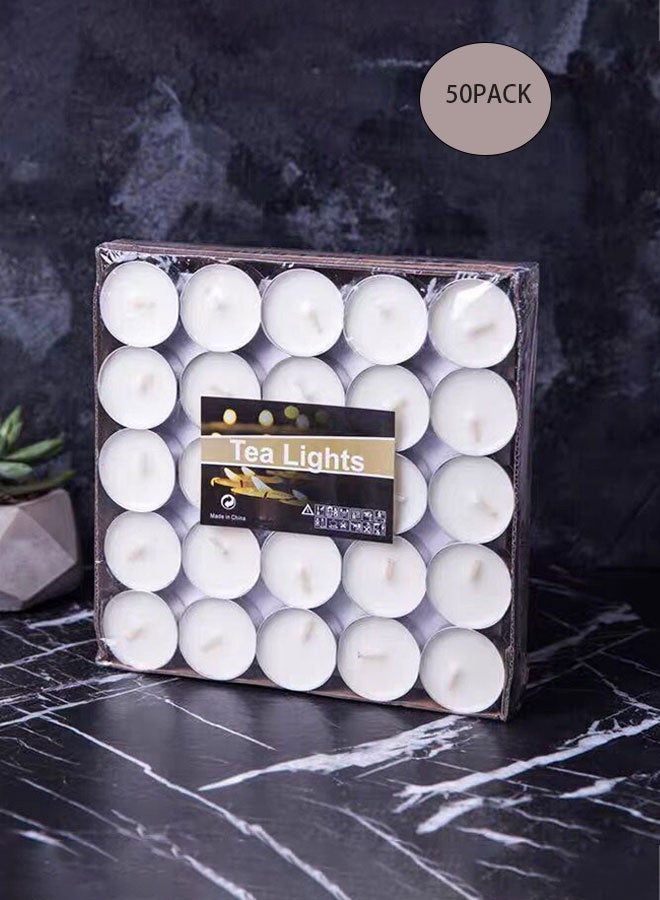 50 Pcs Unscented Tealight Candles, Small Mini Tea Lights Candles, Natural Soy Wax Candles Bulk, White Decorative Candles Set, Smokeless Tea Light Candles, Ideal for Home, Relaxation, Spa, Massage, Romantic Dinners, Weddings & Anniversaries, Festive Decor & Cosy Evenings - Image 1