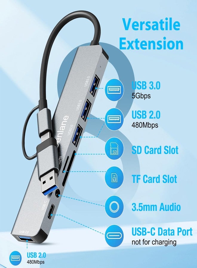 موزع USB-C من دينلين، موزع USB 3.0 لأجهزة الكمبيوتر المحمولة، مقسم USB مطور 8 في 2 مع موسع منفذ USB-C/4 منافذ USB-A، فتحة بطاقة TF/SD، محول صوت 3.5 ملم، دونجل USB-C لأجهزة الكمبيوتر الشخصية/ماك/ماك بوك/الكمبيوتر المحمول/آيباد/التابلت - Image 3